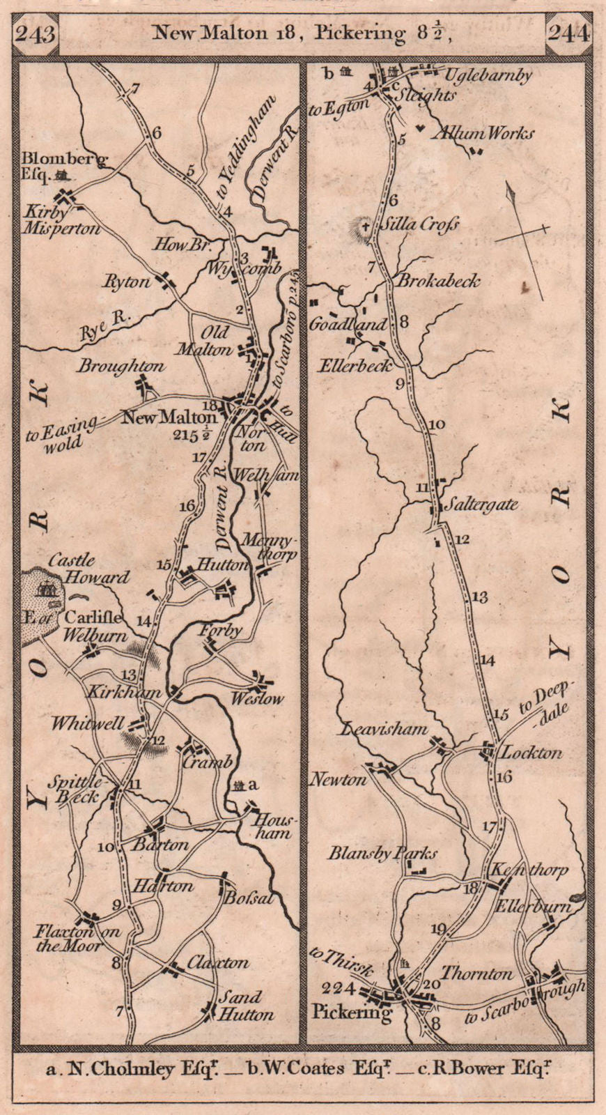 New Malton - Pickering - Sleights road strip map PATERSON 1803 old antique